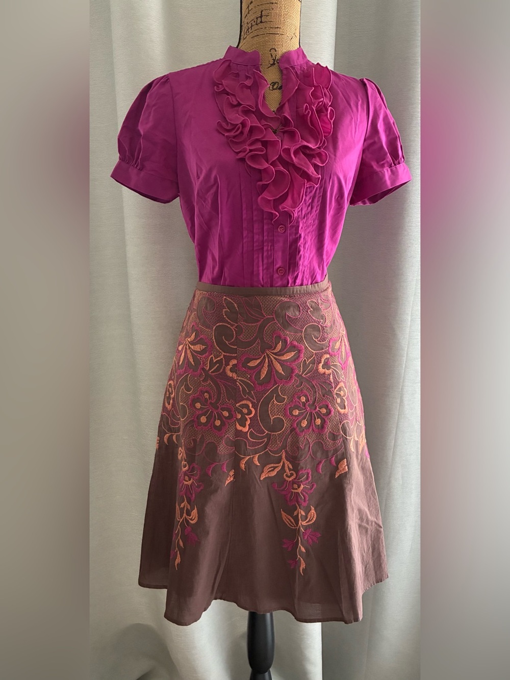 Axcess Brown A-Line Skirt with Pink & Orange Floral Embroidery & Shirt